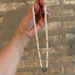 Karl Lagerfeld White Pearl Necklace with Silver Heart Pendant